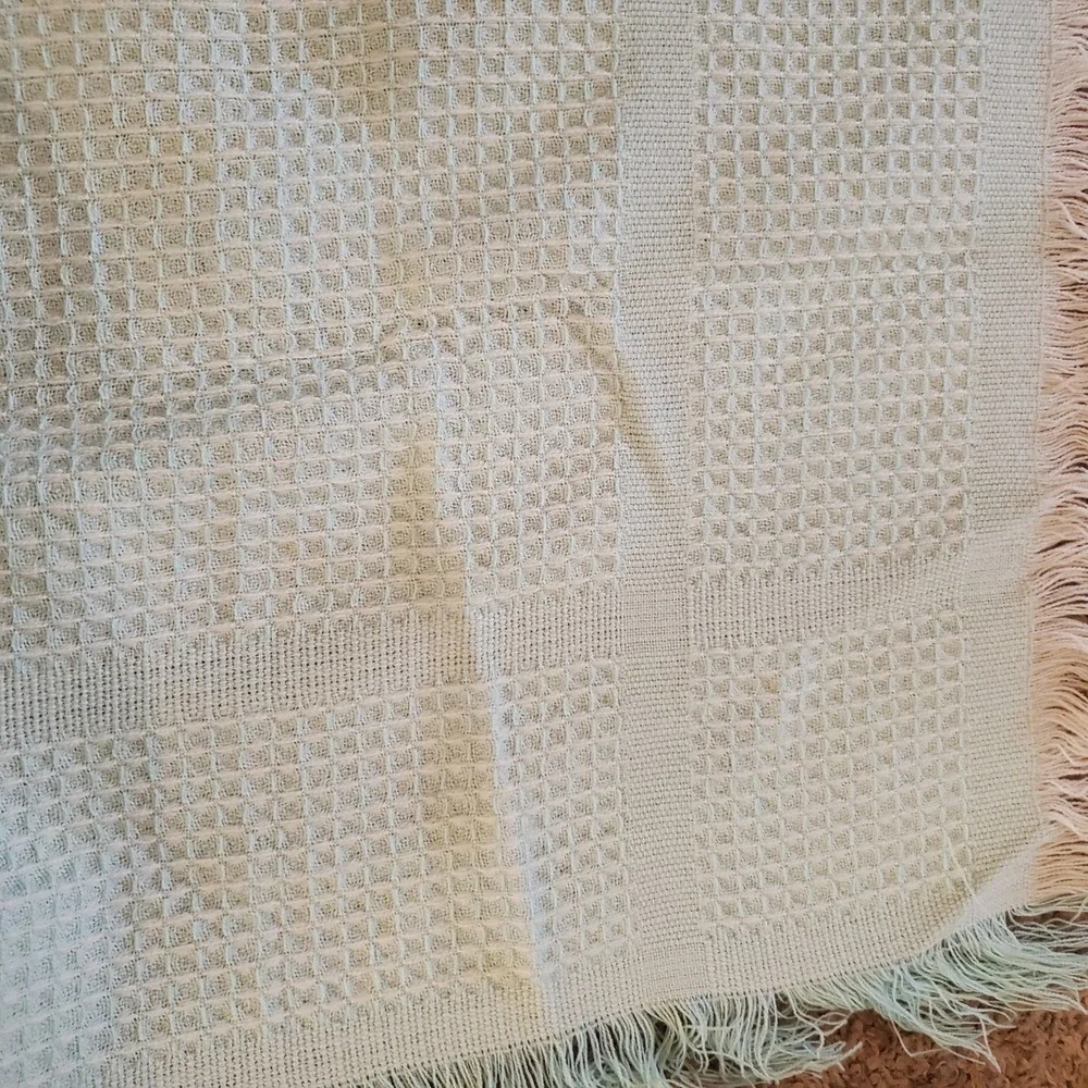 Vintage Famous-Barr Co Italy Baby Blanket Waffle Weave Fringe Blue Cream Acrylic